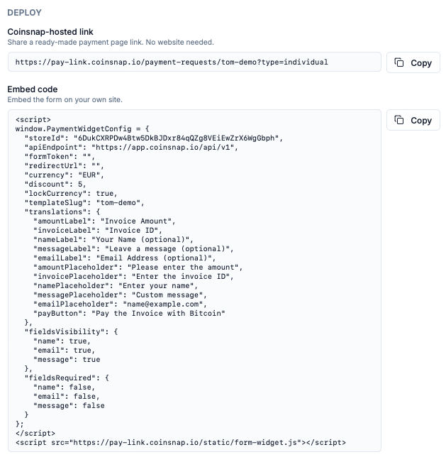 Deploy the Bitcoin Invoice Form with html embed code or a link