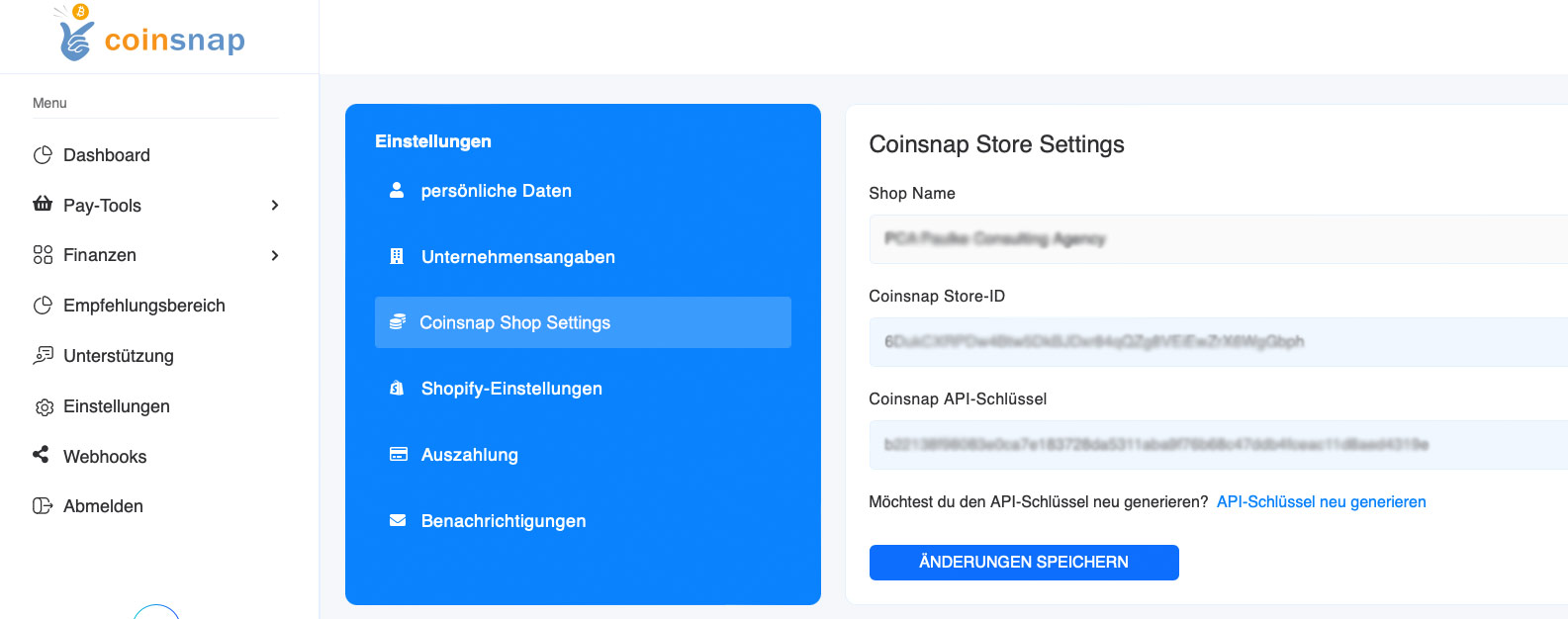 Coinsnap Shop Settings im Backend