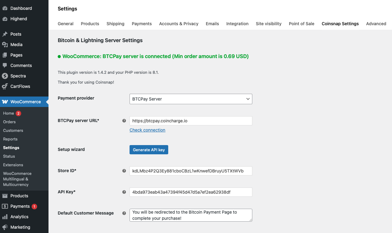 btcpay-server-ist-verbunden-mit-deinem-woocommerce WooCommerce ist jetzt über das Coinsnap Plugin mit deinem BTCPay Server verbunden