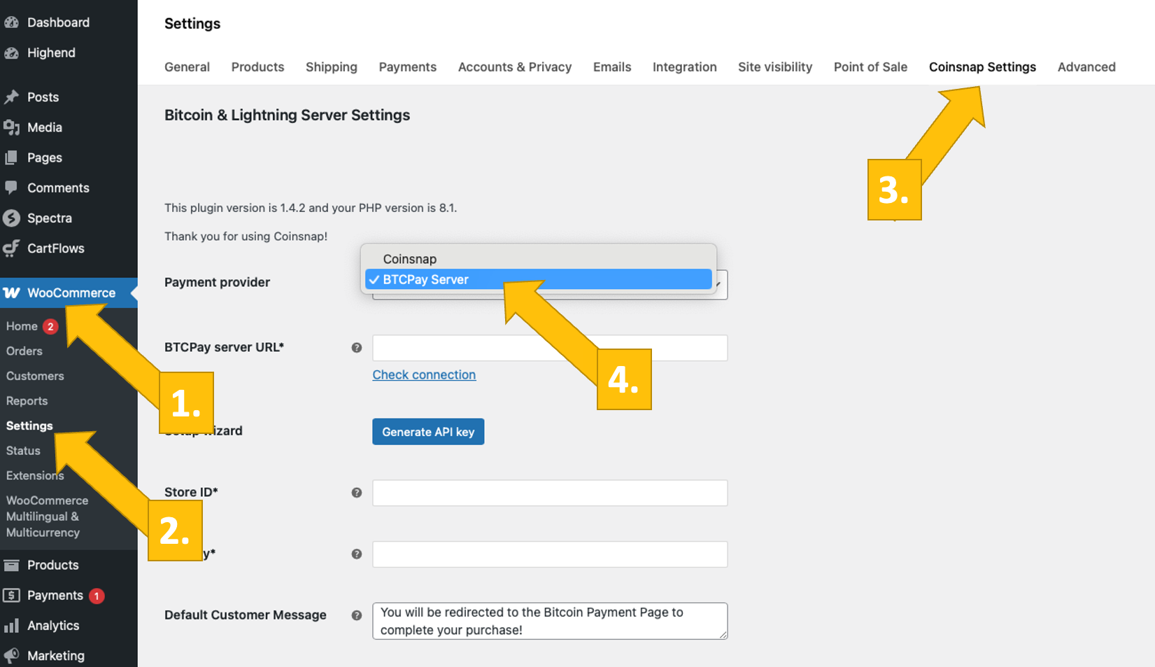 btcpay-settings-for-coinsnap-for-woo Starting the BTCPay Server setup in Coinsnap for WooCommerce