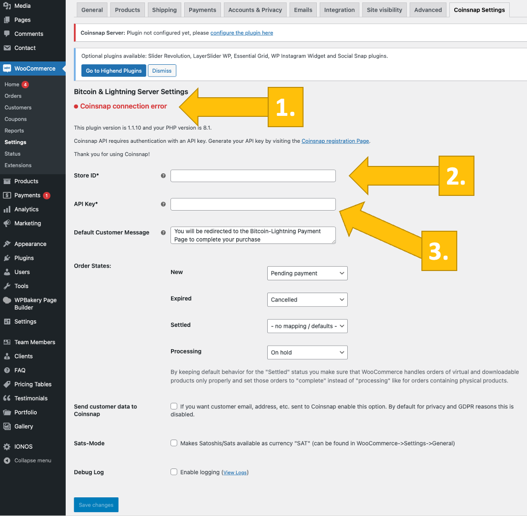 Verbindungsdaten für Bitcoin payment mit WooCommerce in das Plugin eintragen