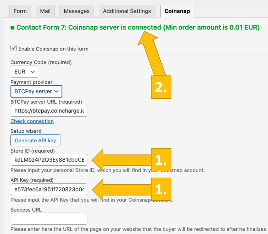 Connection between Contact Form 7 and BTCPay Server is now established