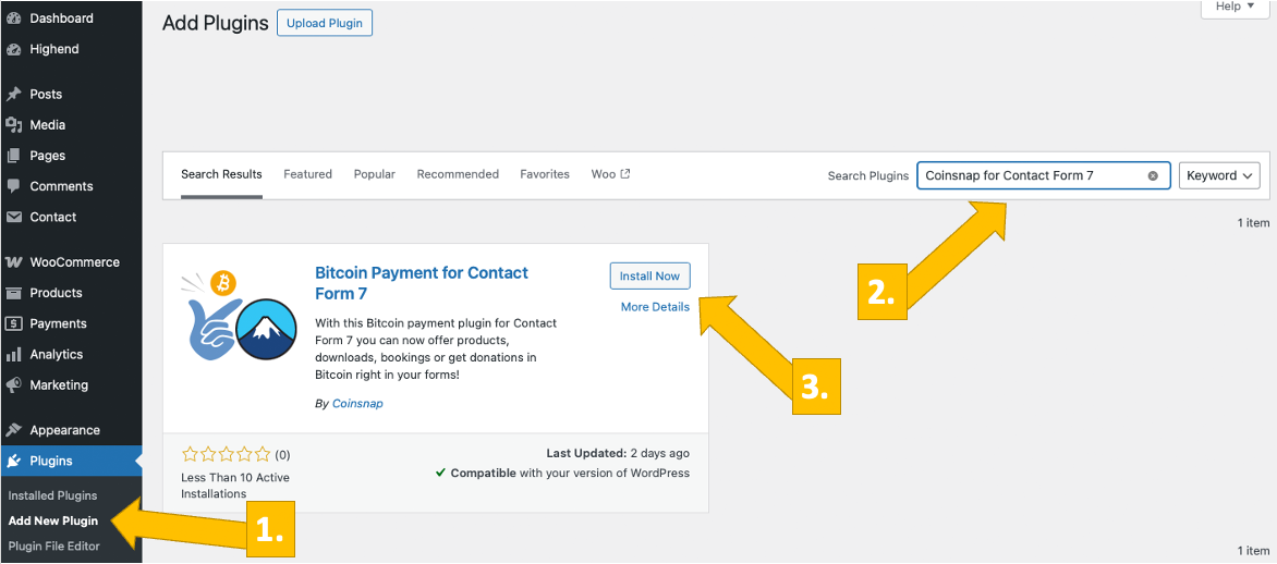 Activate the Coinsnap for Contact Form 7 plugin in WordPress