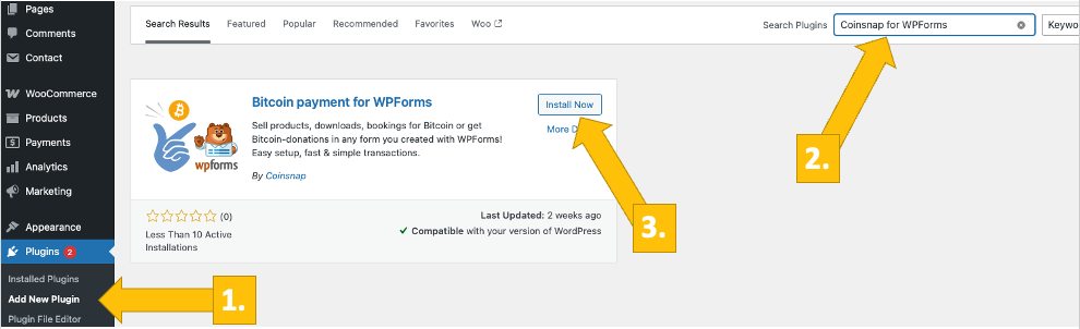 Install Coinsnap for WPForms from the Wordpress plugin directory