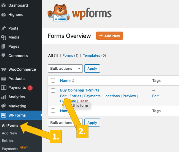 coinsnap for WPForms settings start