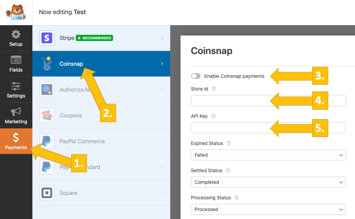 Configure Coinsnap for WPForms