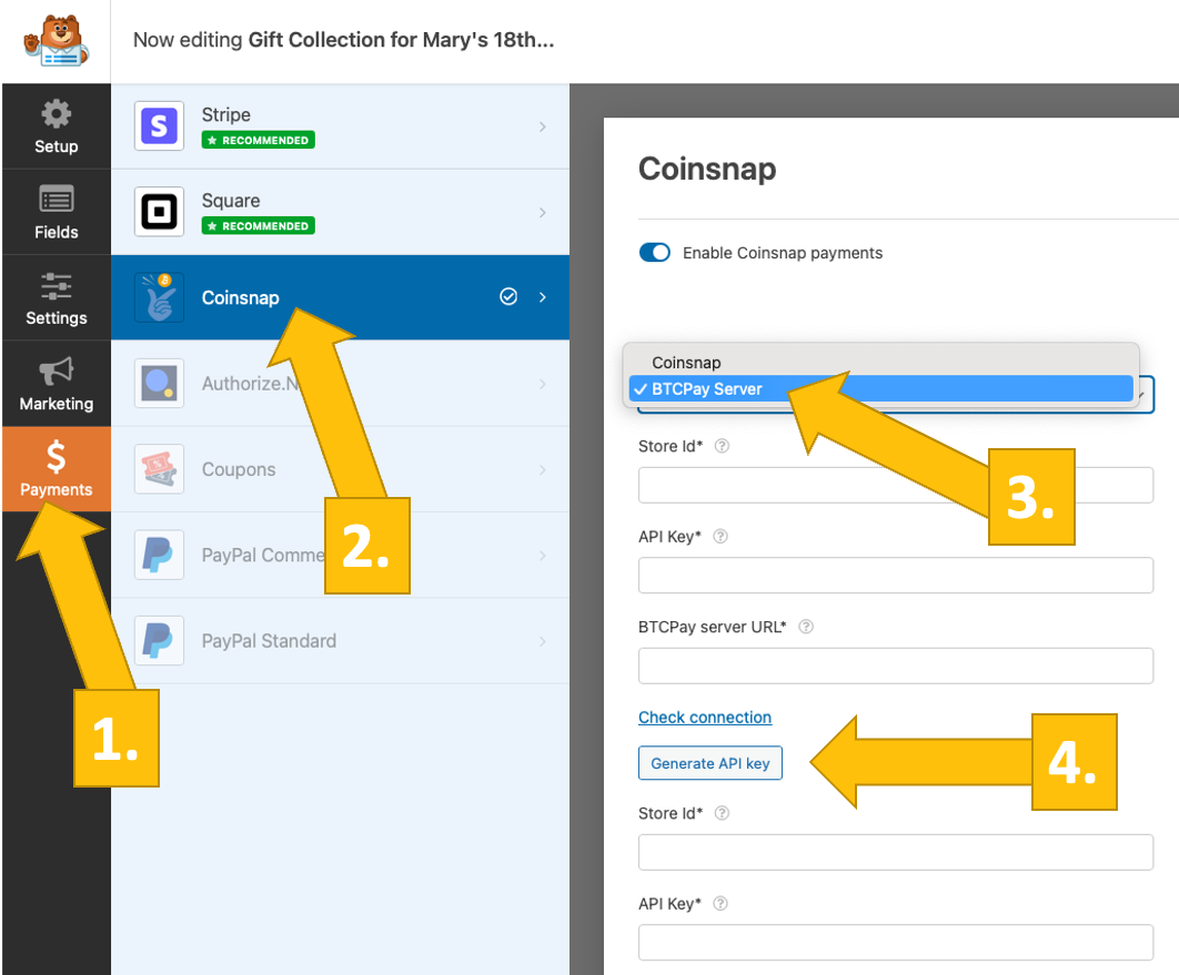 stat-btcpay-server-connection-process Start the BTCPay Server integration with WPForms and Coinsnap