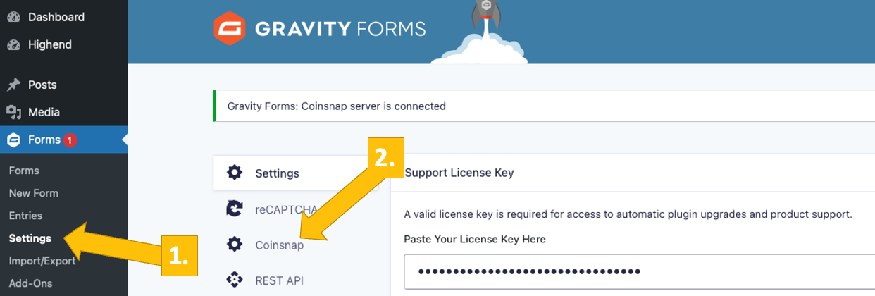 Coinsnap for Gravity Forms settings