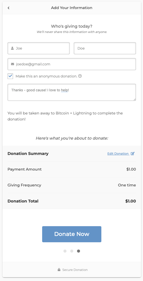 Fill out the GiveWP Bitcoin donation form