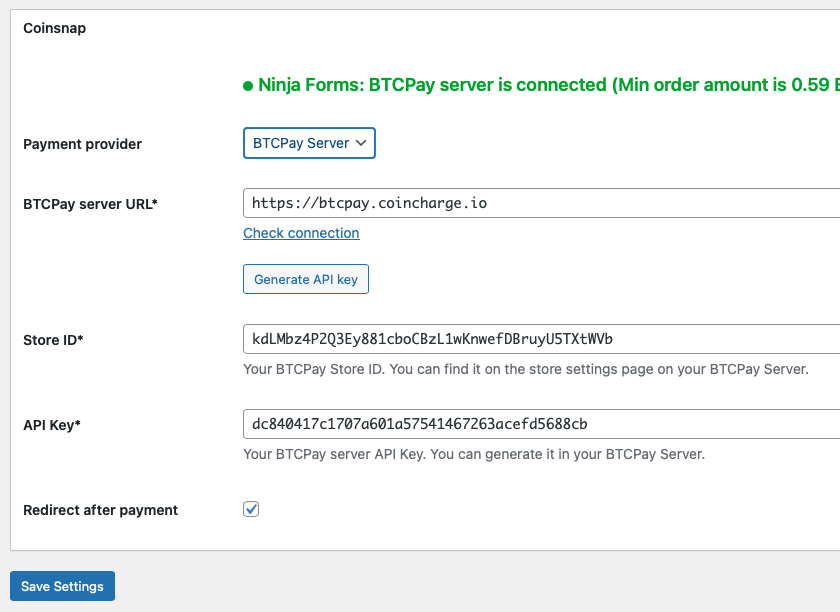 btcpay-server-installed BTCPay Server is connected with Ninja Forms via Coinsnap now