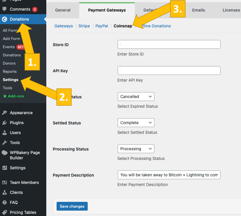 Configure the Coinsnap for GiveWP settings in your GiveWP plugin