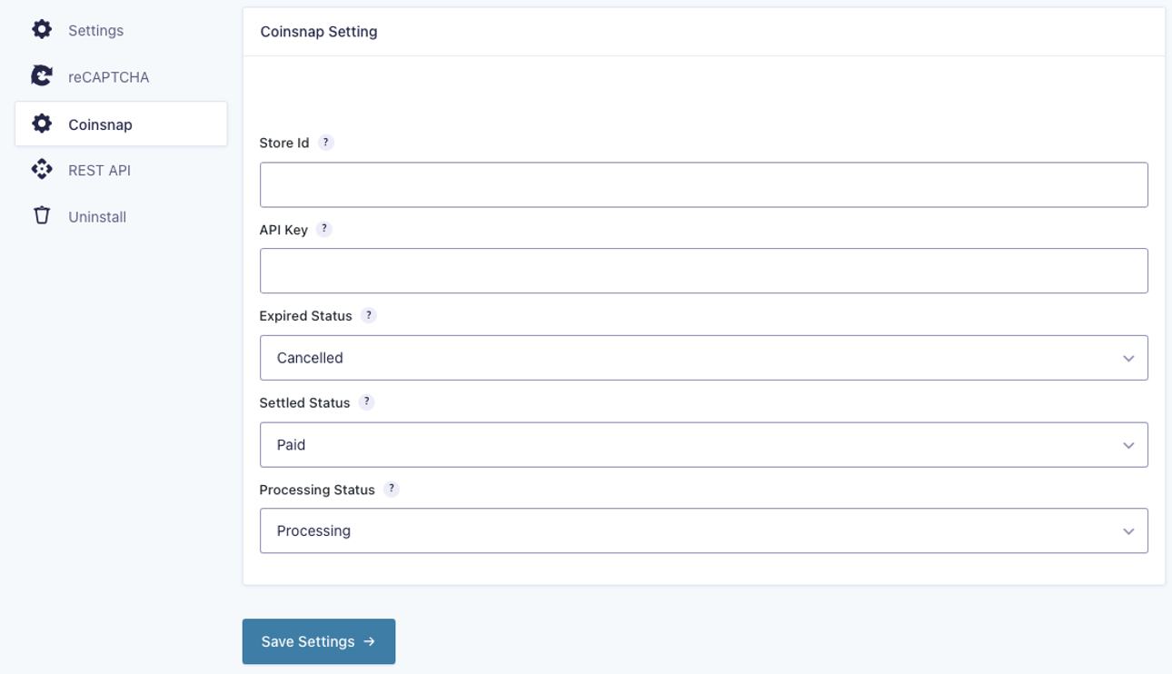 Coinsnap Settings in Gravity Forms settings