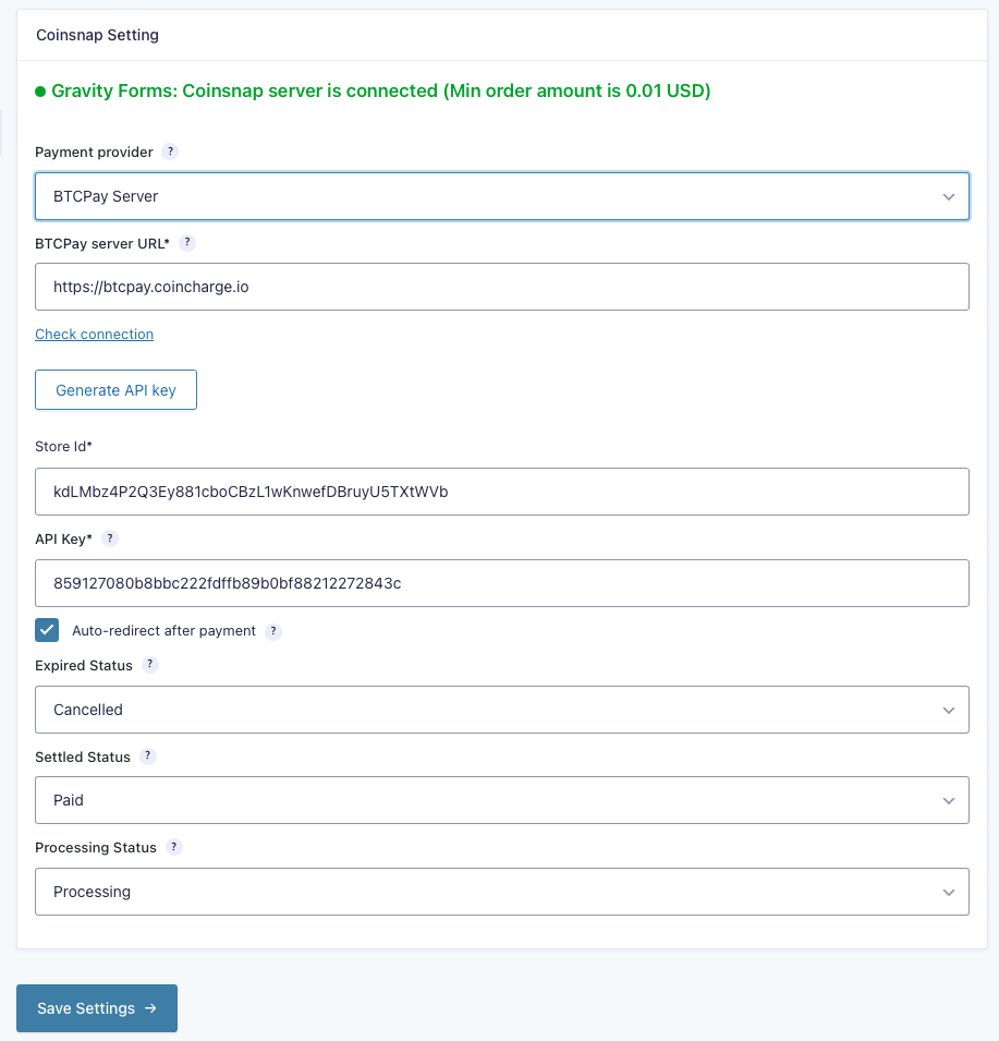 Your BTCPay Server is now connected to your Gravity Forms plugin via Coinsnap for Gravity Forms!