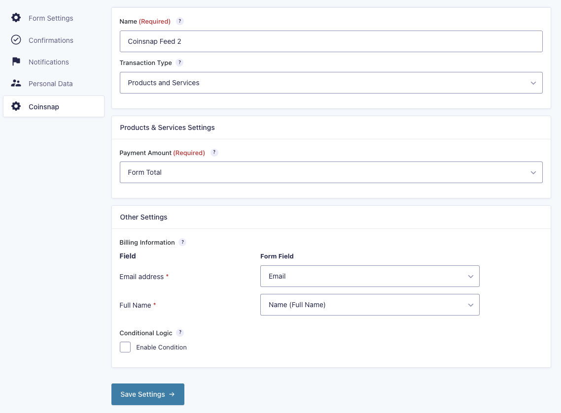 Save Coinsnap for Gravity Forms settings!