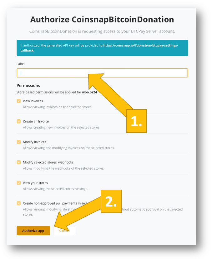 authorization authorize Coinsnap to configure the BTCPay Server settings