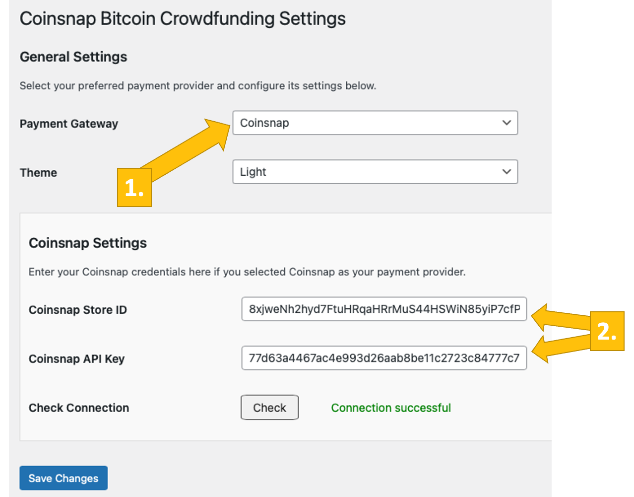 coinsnap-bitcoin-crowdfunding-settings Connecting the Coinsnap Bitcoin Crowdfunding plugin with a Coinsnap account