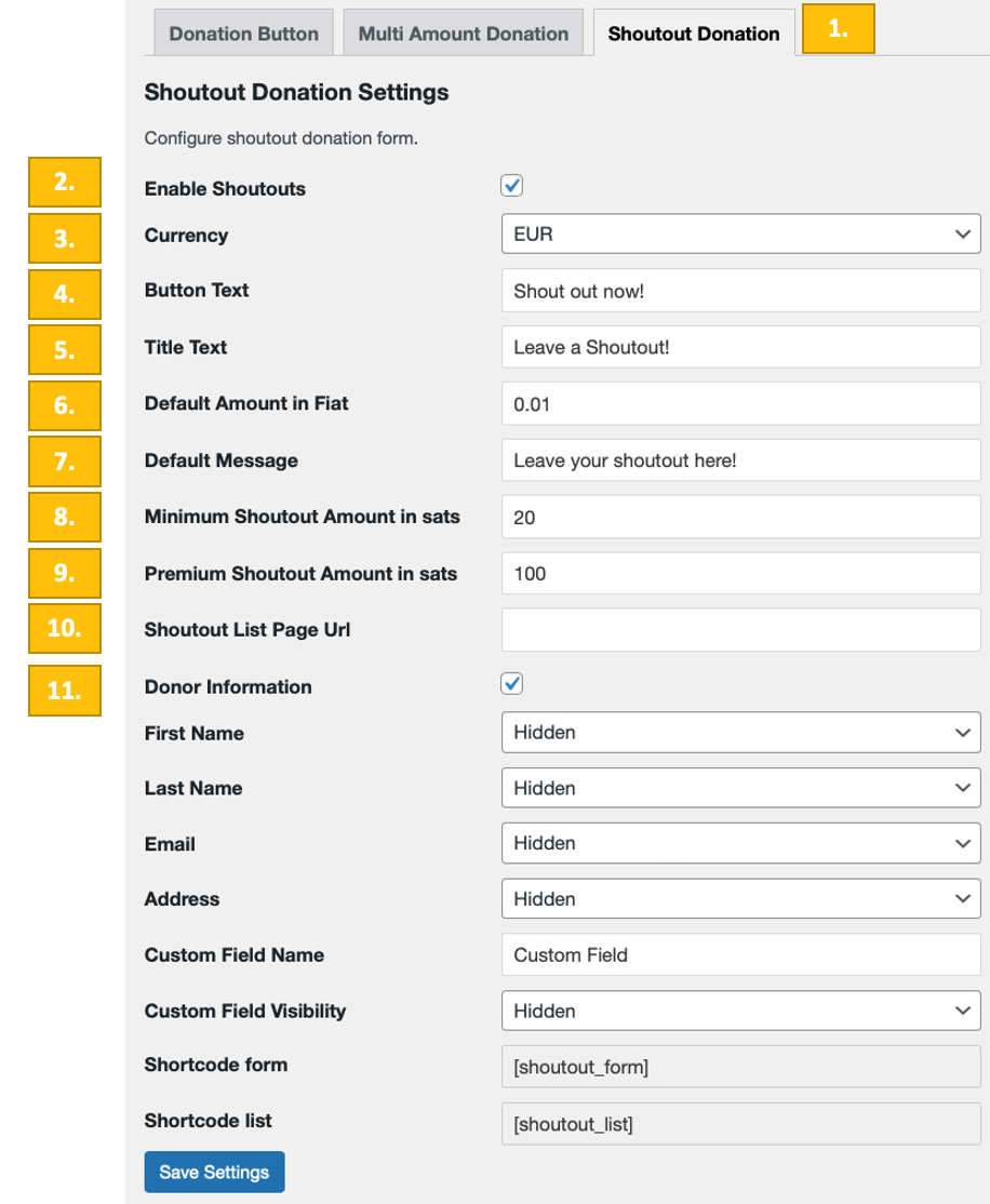 Bitcoin-shoutout-form-builder Configuration of the Coinsnap Bitcoin Shoutout