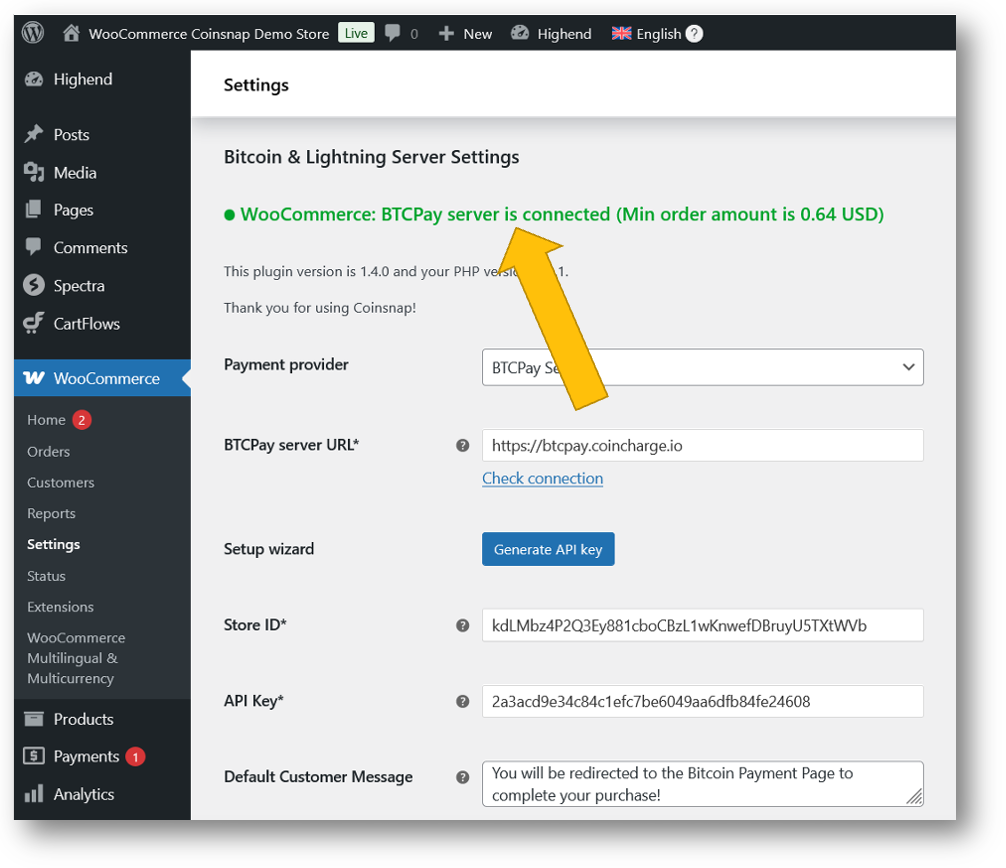 coinsnap-btcpay-server_wizard Your Coinsnap payment module is now connected to your BTCPay Server