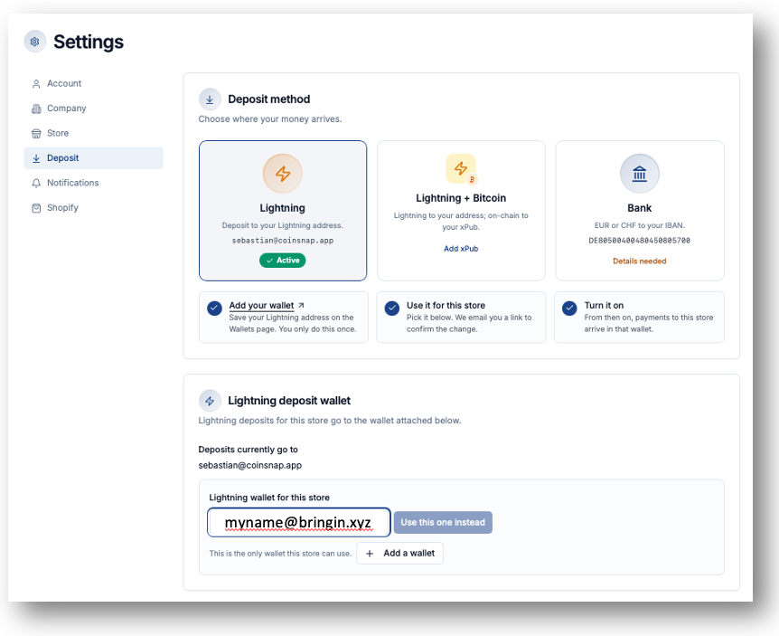Enter Bringin Lightning address in Coinsnap deposit settings