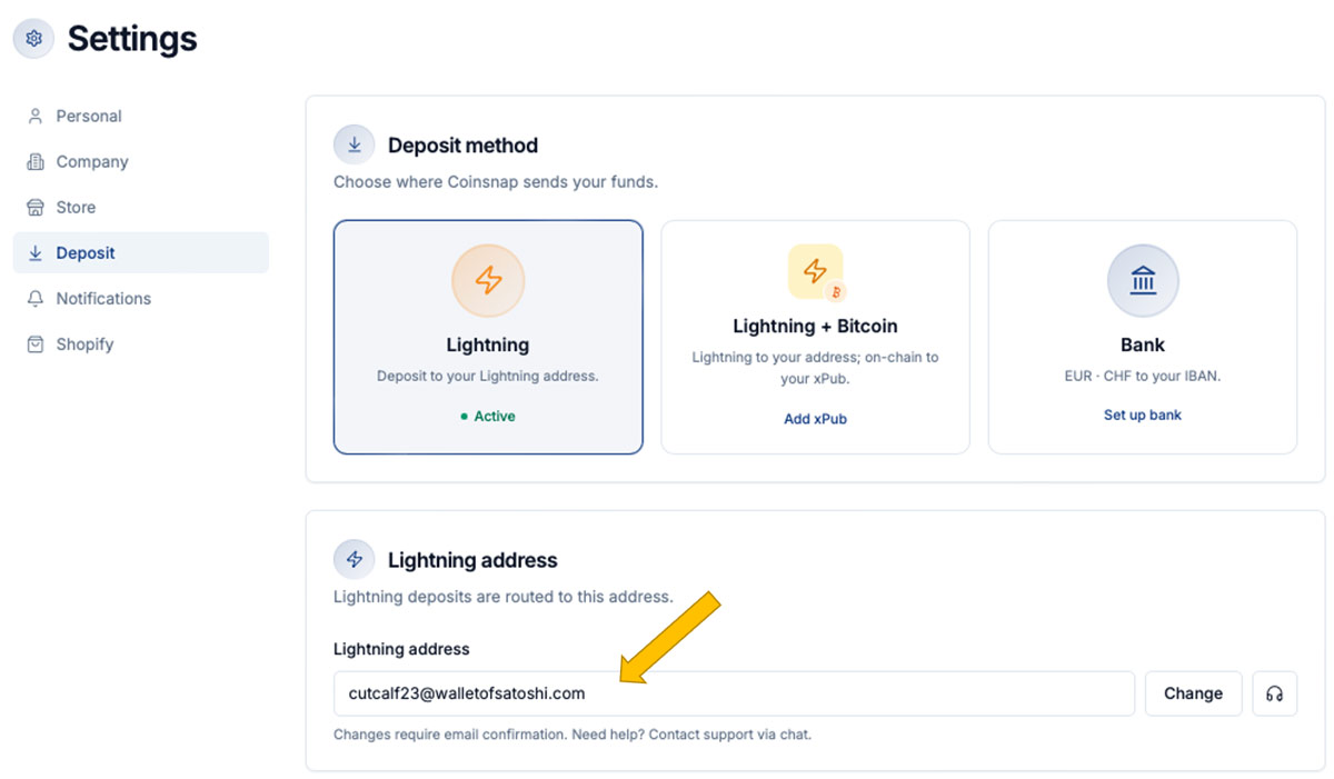 Where to enter your Lightning address in the Coinsnap dashboard
