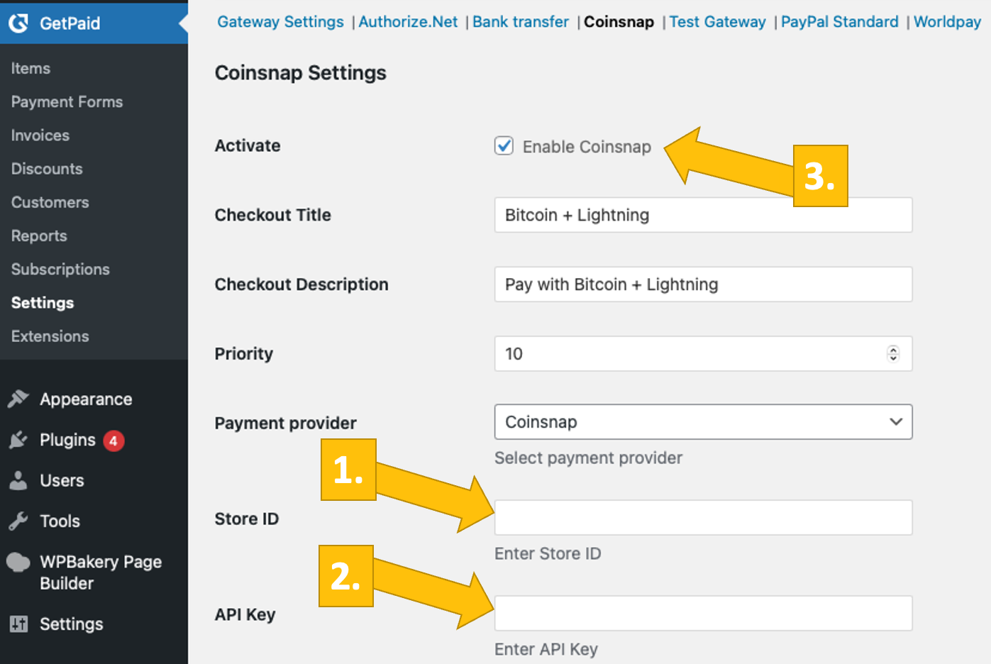 Coinsnap Store ID und API Key in GetPaid Settings eintragen