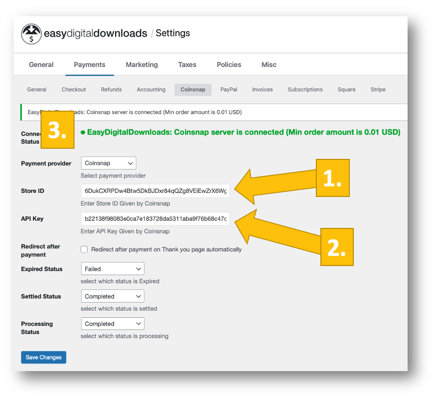 enter-key-in-plugin Connect the EDD plugin with the Coinsnap add-on