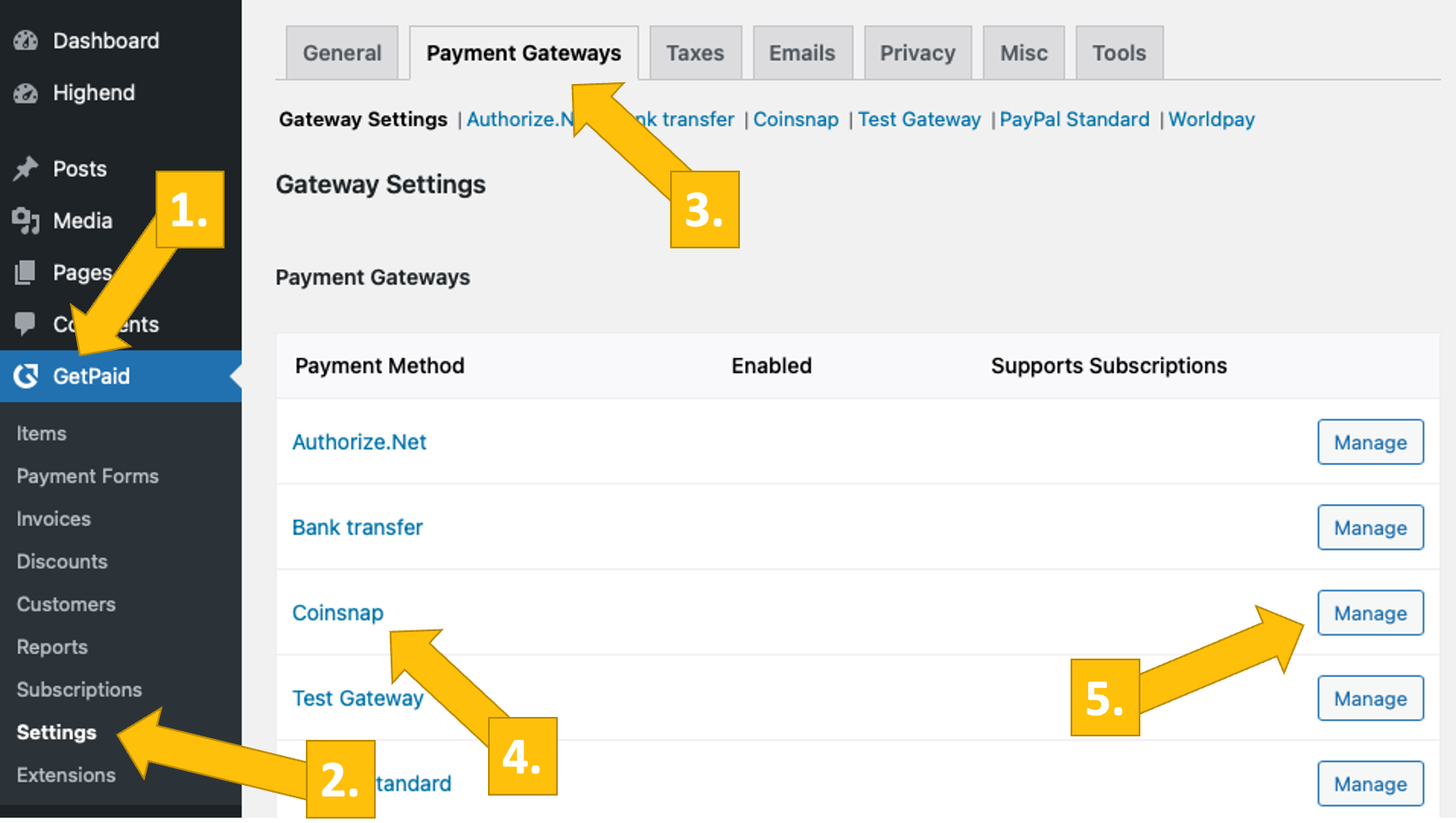 Coinsnap settings in GetPaid