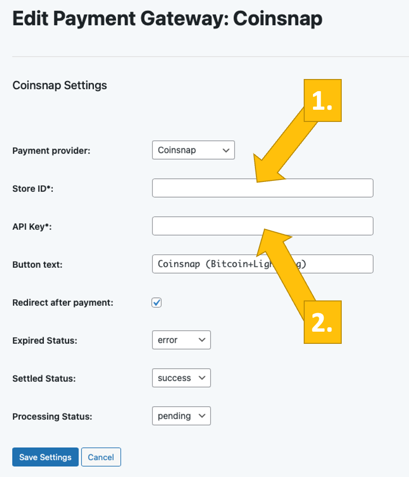 store-id-api-key-settings Enter Coinsnap's Store ID and API Key here