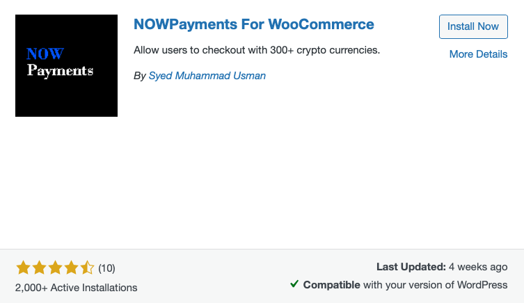 nowpayments-woocommerce-bitcoin-payment-plugin NOWPayment's WooCommerce Bitcoin Payment Plugin on WordPress