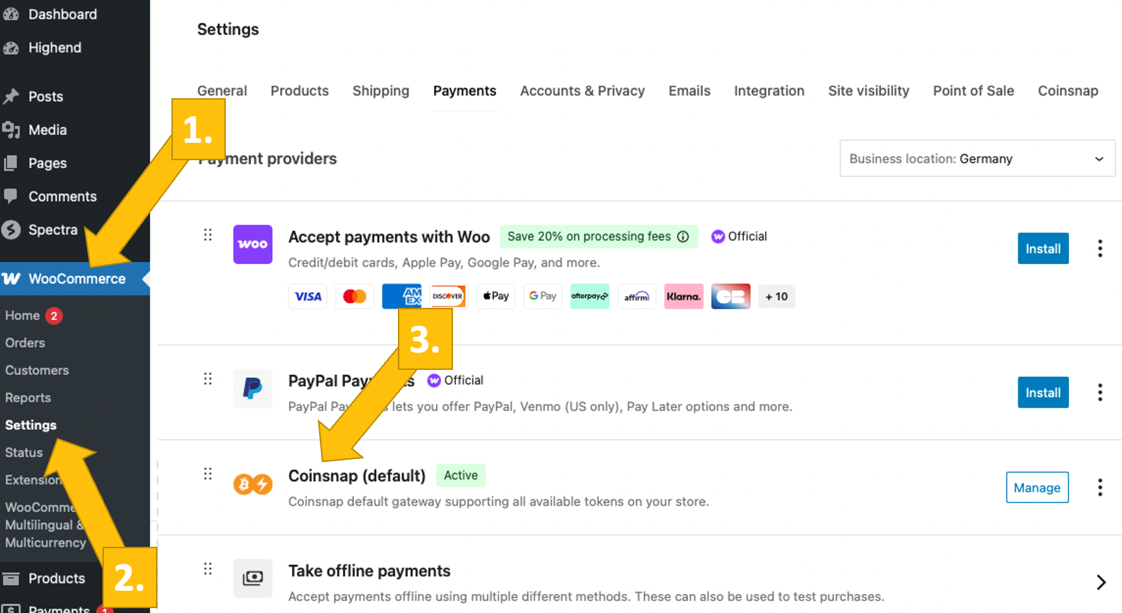 Enable WooCommerce Bitcoin payment in Woo settings