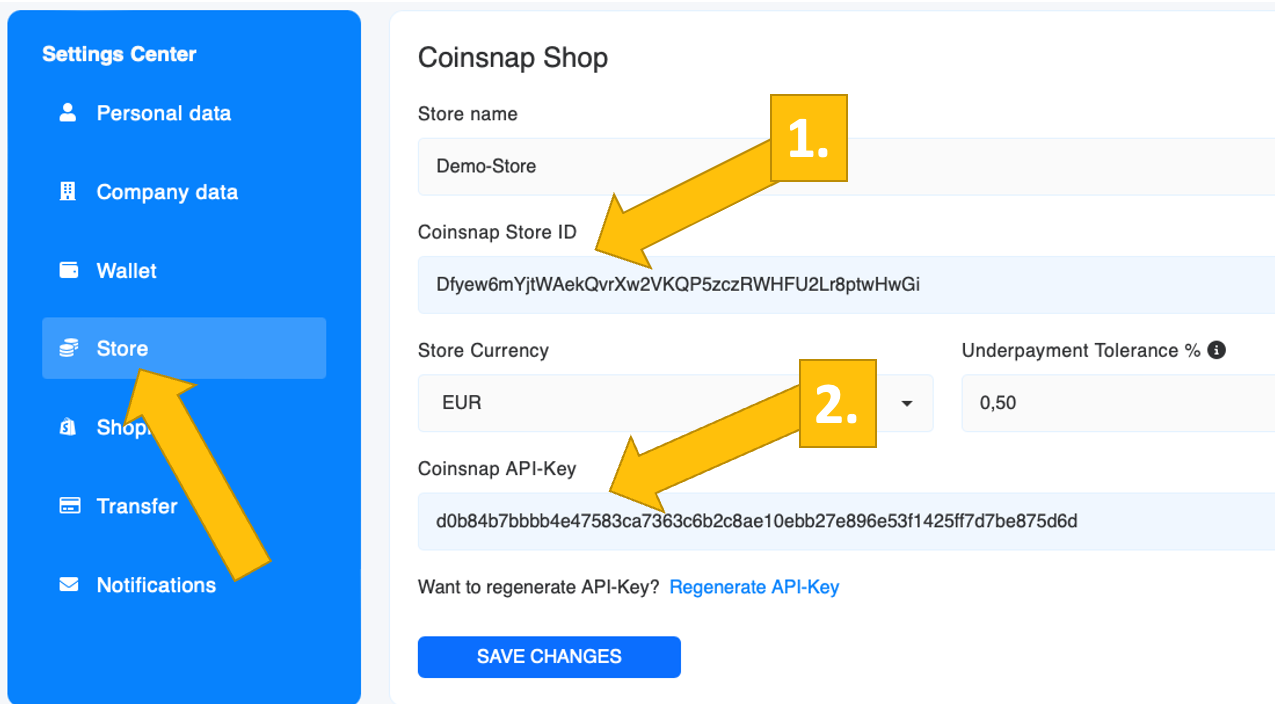 find-store-id-and-api-key where to find your store ID and your API key in your Coinsnap account