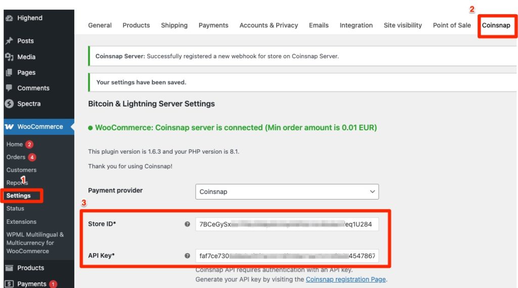 Screenshot Connect the Plugin with Your Coinsnap Account