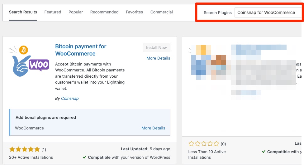 Screenshot Install the Coinsnap for WooCommerce Plugin