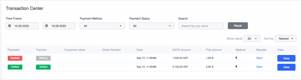 View Transactions in the Coinsnap Dashboard View Transactions in the Coinsnap Dashboard