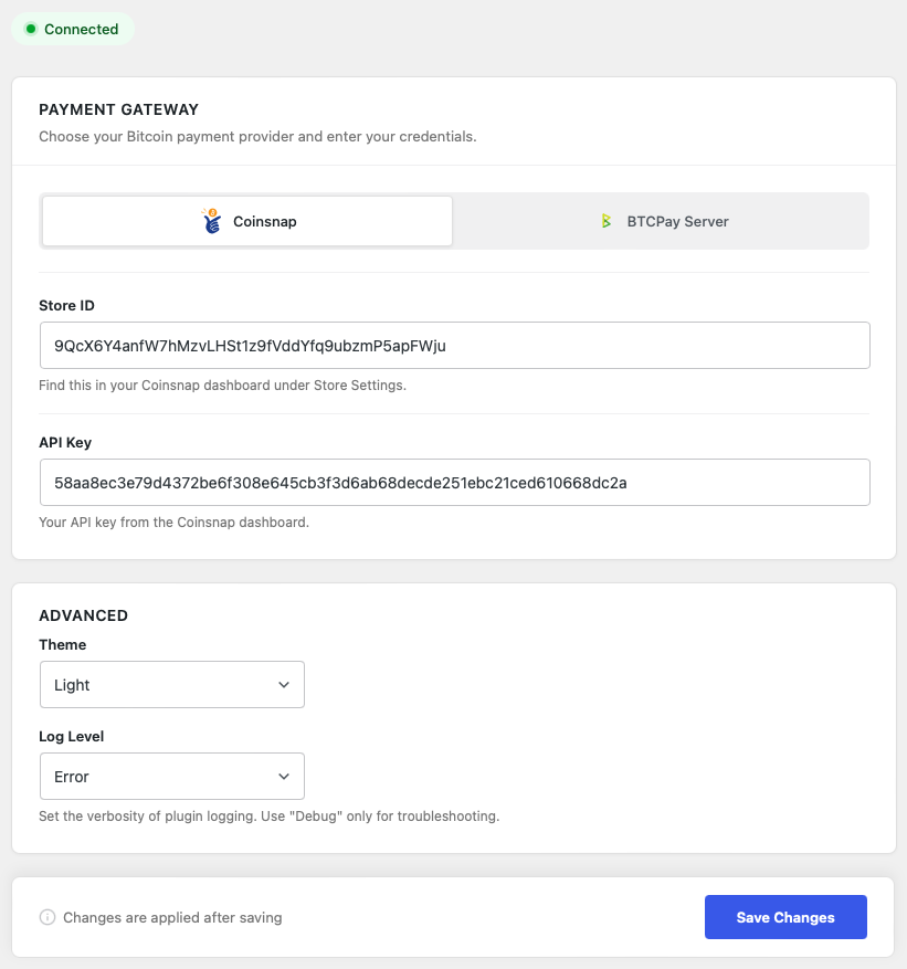 Coinsnap for WooCommerce is connected to your Coinsnap account 
