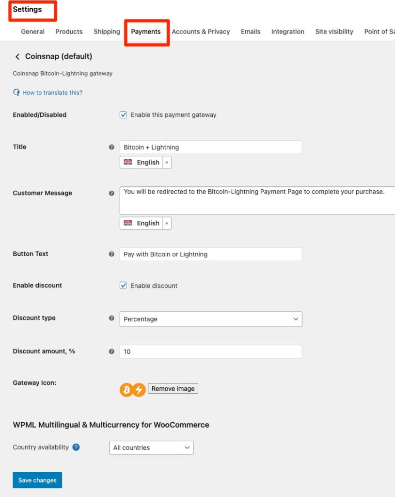 Screenshot Customize the Coinsnap Plugin Settings