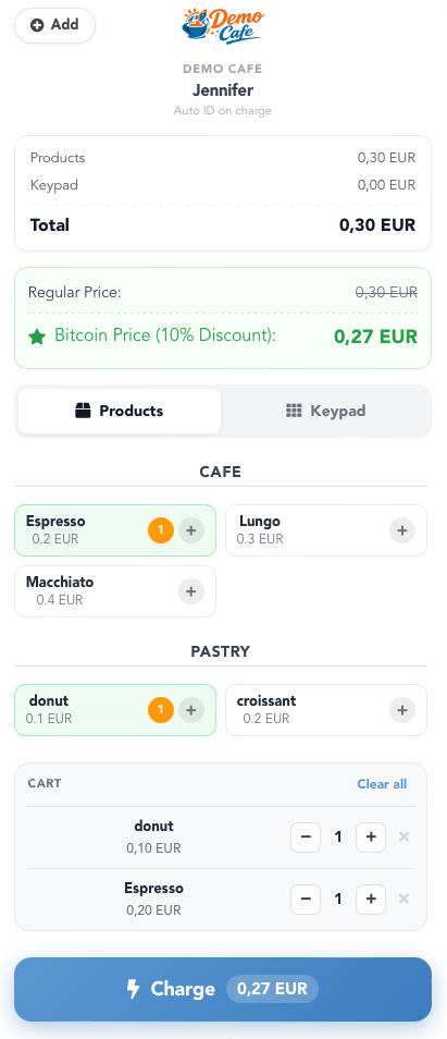 Checkout screen of the Bitcoin PoS terminal