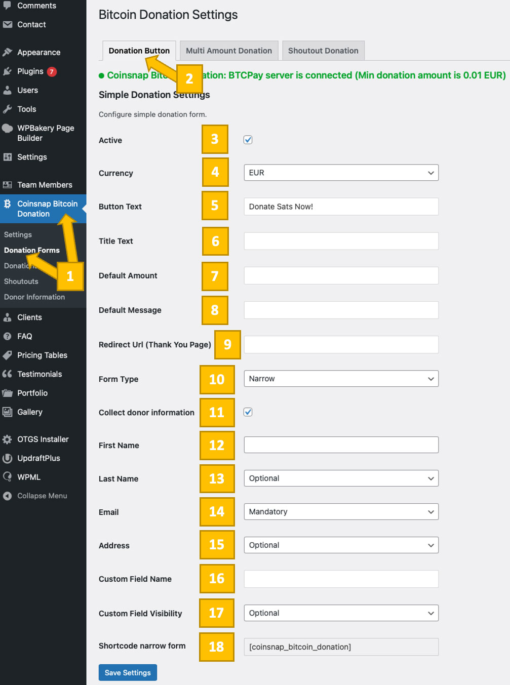 Bitcoin Donation form settings