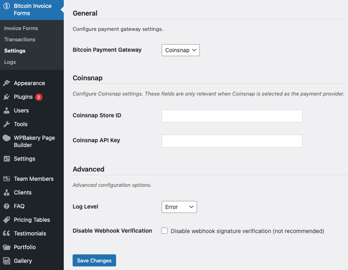 Bitcoin Invoice Form plugin settings