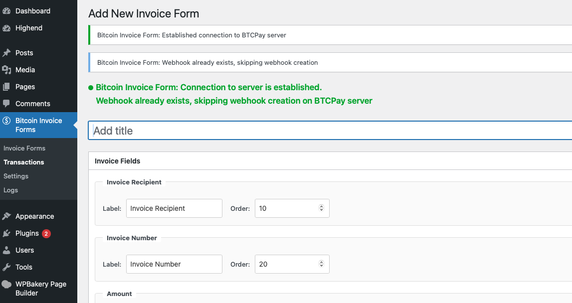 the Bitcoin Invoice Form settings screen