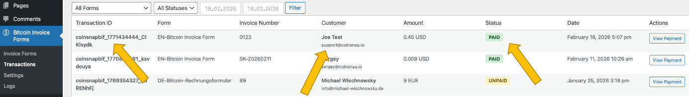See the records of a successful transaction in your plugin’s dashboard.
