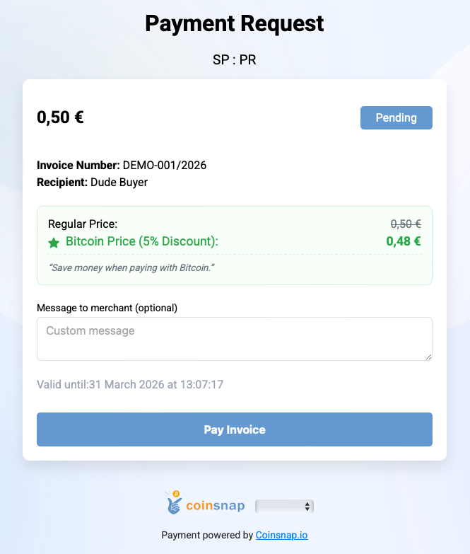 Bitcoin Payment Link payment interface