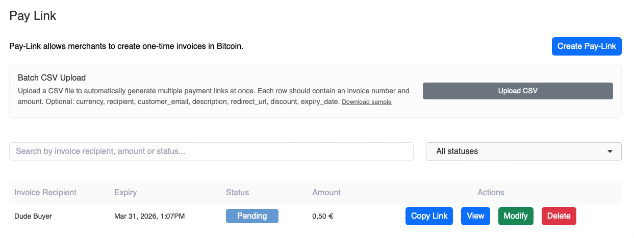 Bitcoin Payment links overview in Coinsnap dashboard