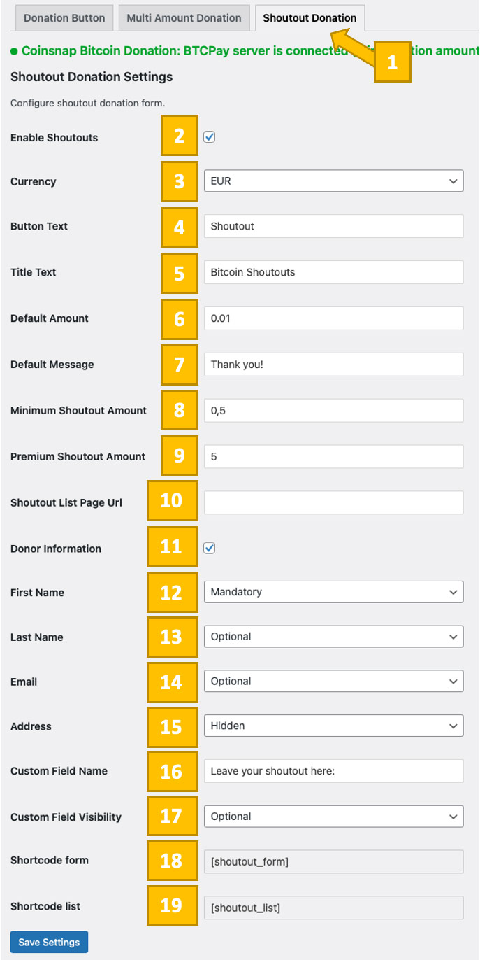 Bitcoin Shoutout settings