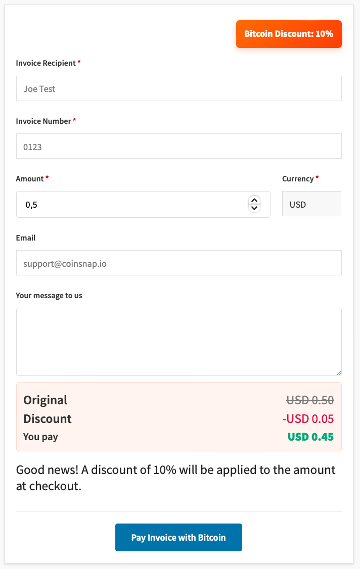 A Bitcoin Invoice Form created with the Coinsnap Bitcoin Invoice Form plugin