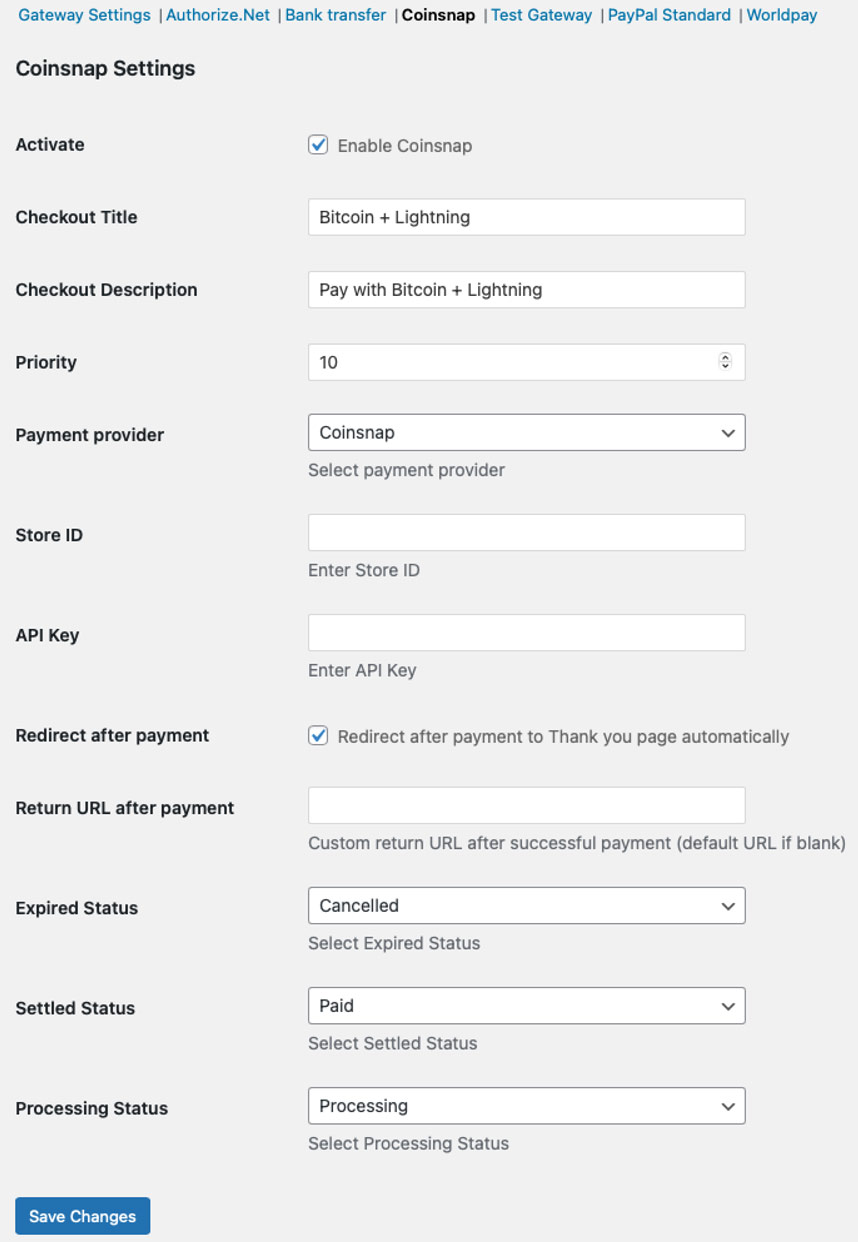 Coinsnap for GetPaid settings