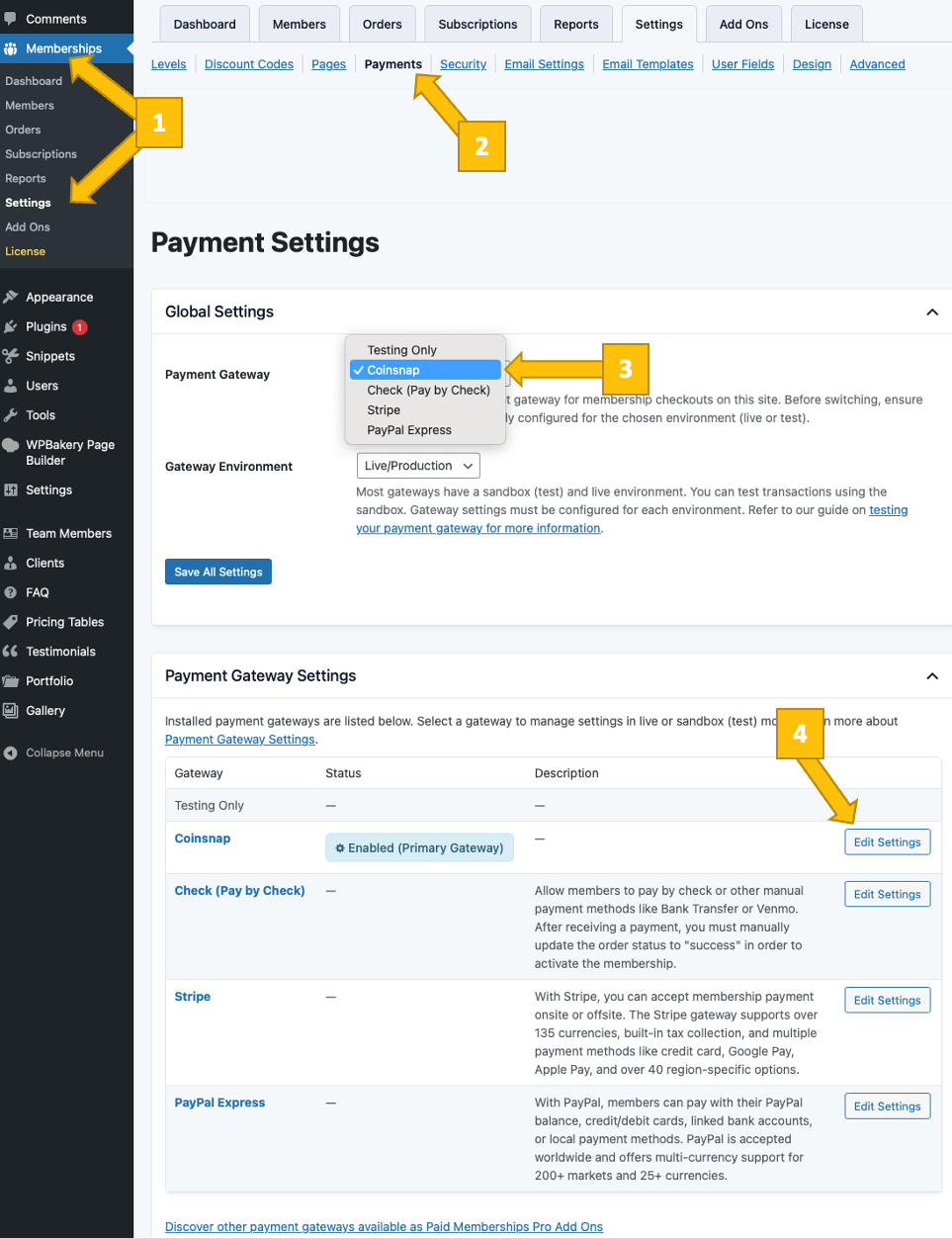 Open Coinsnap for PMPro settings page