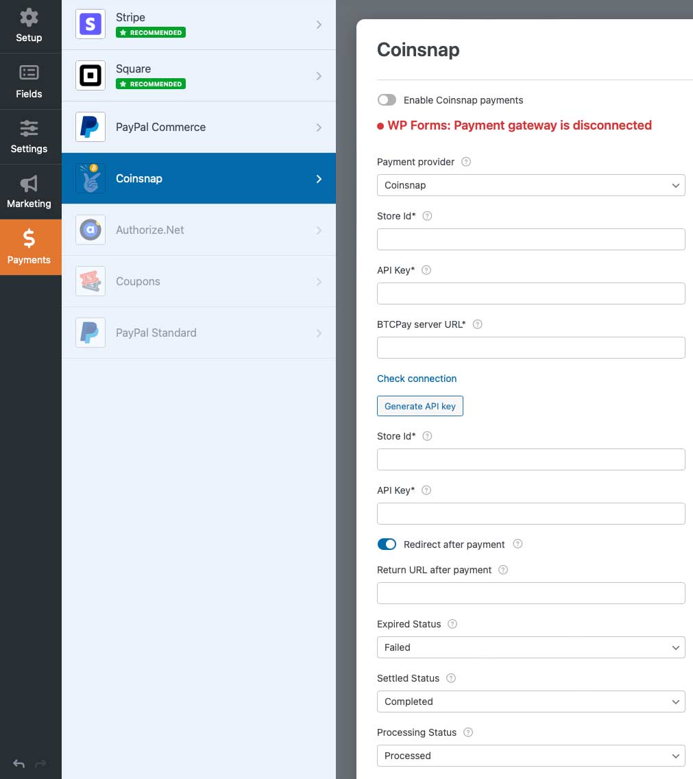 The Coinsnap for WPForms configuration page