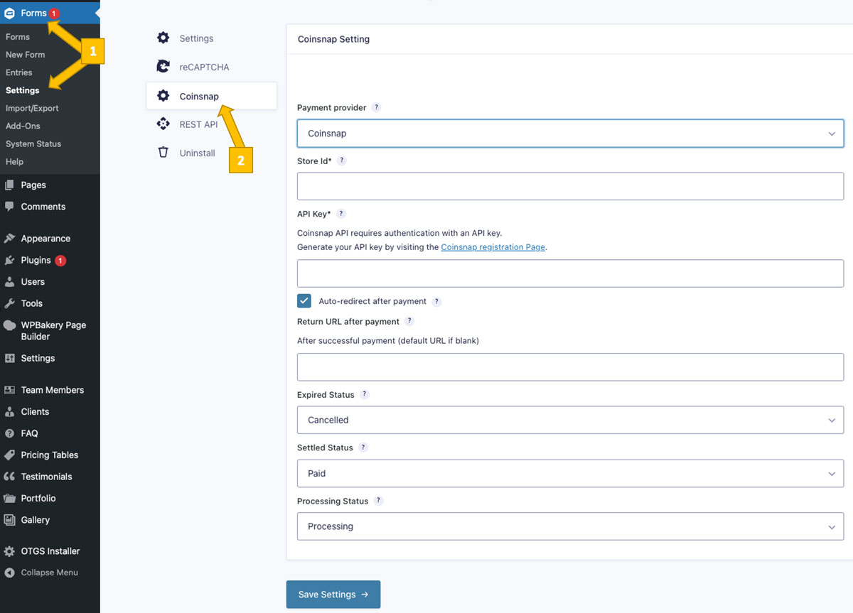 Coinsnap settings in Gravity Forms
