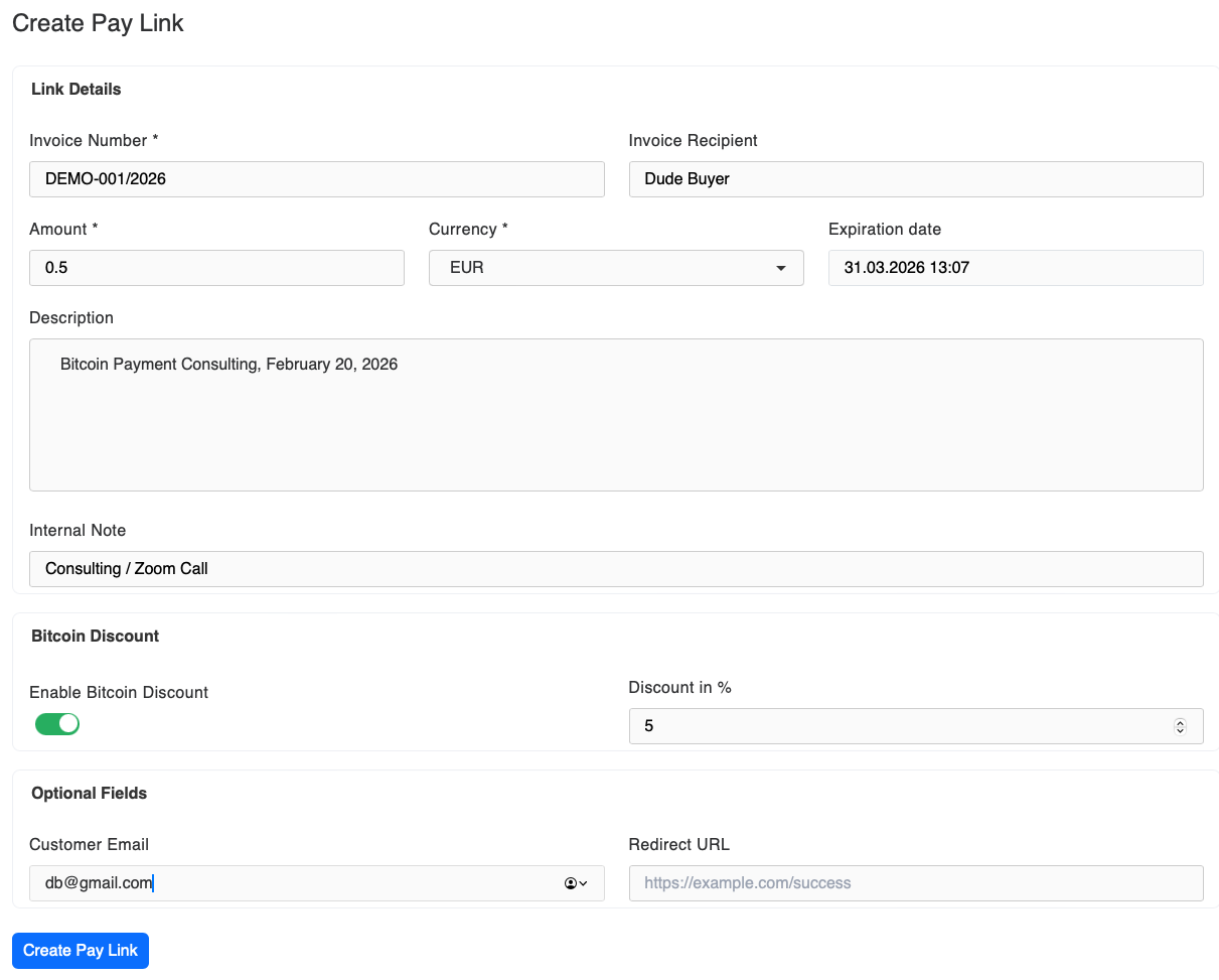 Bitcoin Payment link now configured
